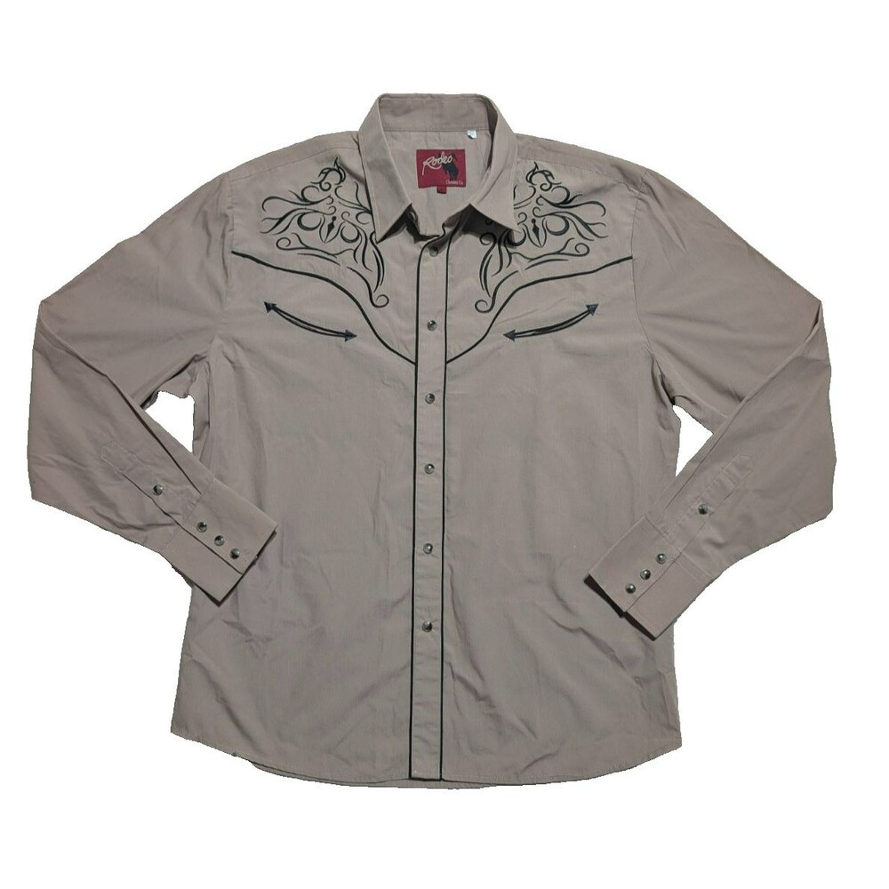 Rodeo Clothing Mens Large Western Shirt Pearl Snap Embroidered Yoke Tan Cowboy